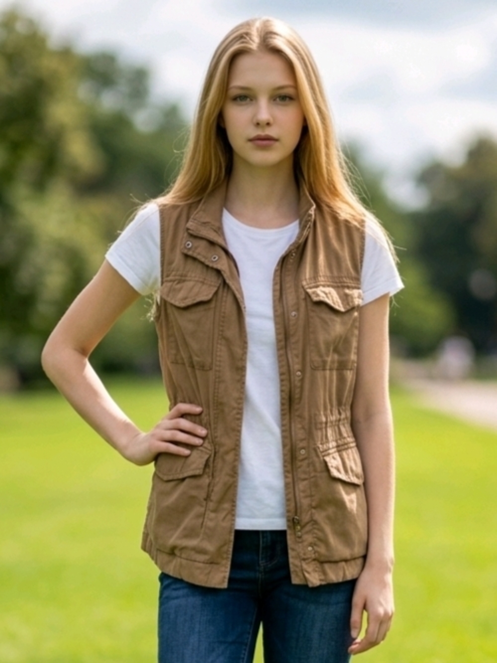 GAP Women's Sleeveless Utility Vest Size Small Tan Lyocell Zip/Snap Safari D9